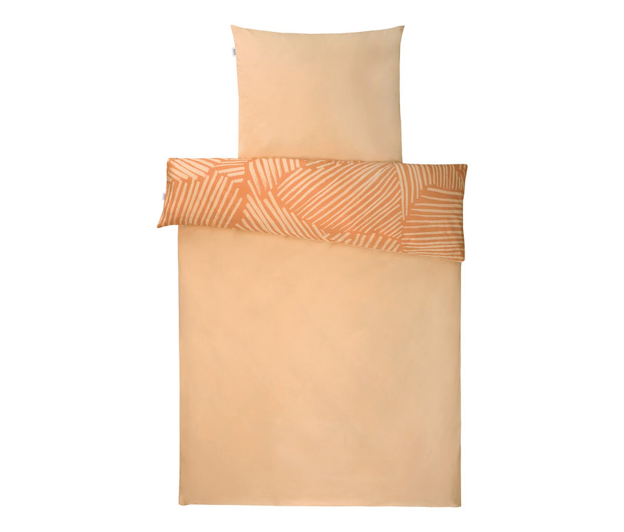 Beige Bettwäsche und Kissenbezug mit orangem Muster. SCHÖNER WOHNEN Renforcé-Bettwäsche.