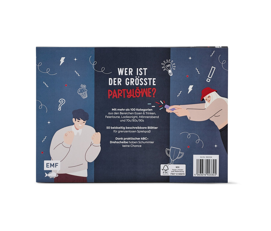 Verpackung des Spielblocks »Stadt, Land, Partyalarm« mit Illustrationen von Personen.