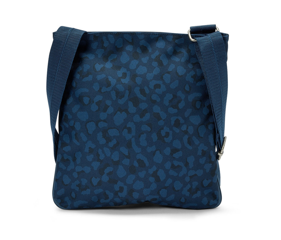 Eine blaue Sicherheits-Umhängetasche mit dunkelblauem Tiermuster.