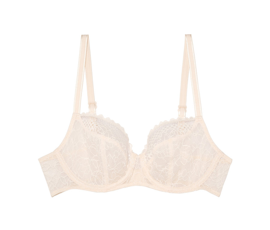 Nahaufnahme des beigen Passionata Pila Bügel-BHs mit Spitze.