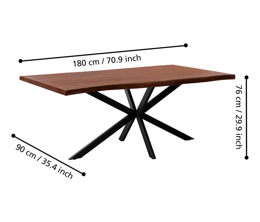 Eglo Tisch mit gekreuzten Beinen, dunkelbraun und Maßangaben.