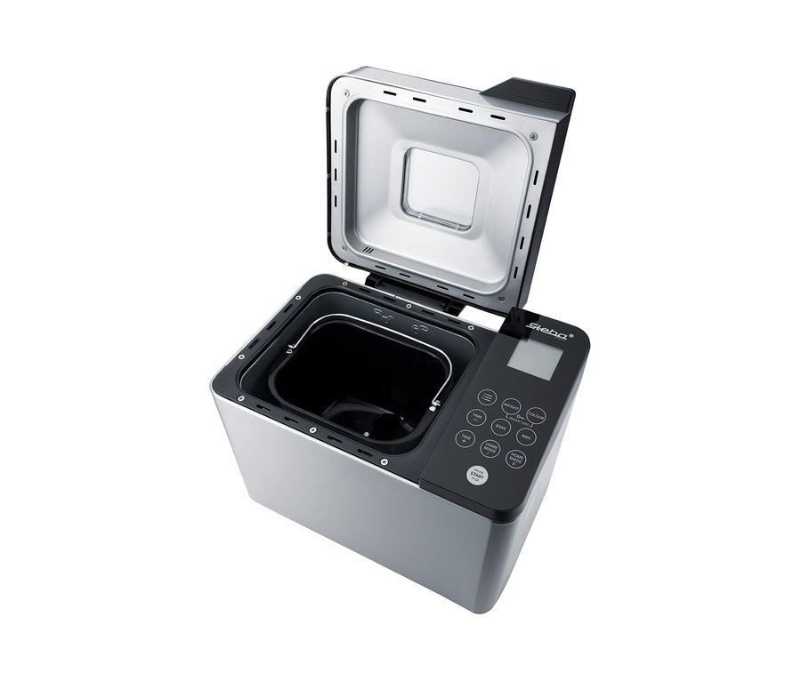 Ein geöffneter XL Brotbackautomat »BM2« in Silber mit schwarzem Bedienfeld.