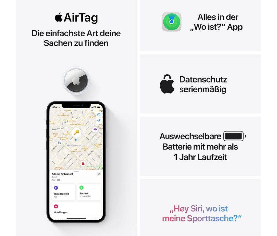 Oben im Bild ist ein Apple AirTag Produkt zu sehen, darunter ein Mobiltelefon mit geöffneter Karten-App.