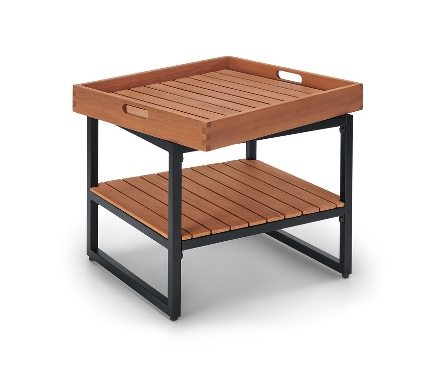 Couchtisch mit abnehmbarer Tablett-Tischplatte, Lattenrost und schwarzem Metallgestell.