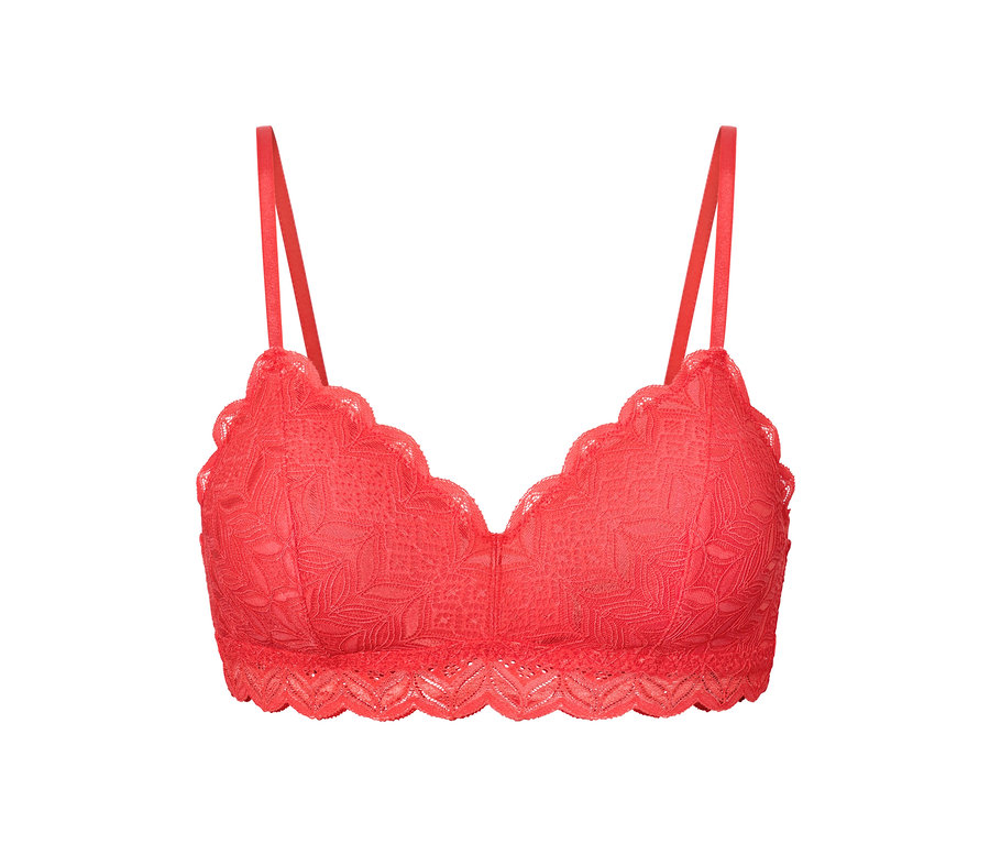 Rotes Spitzen-Bustier auf weißem Hintergrund.