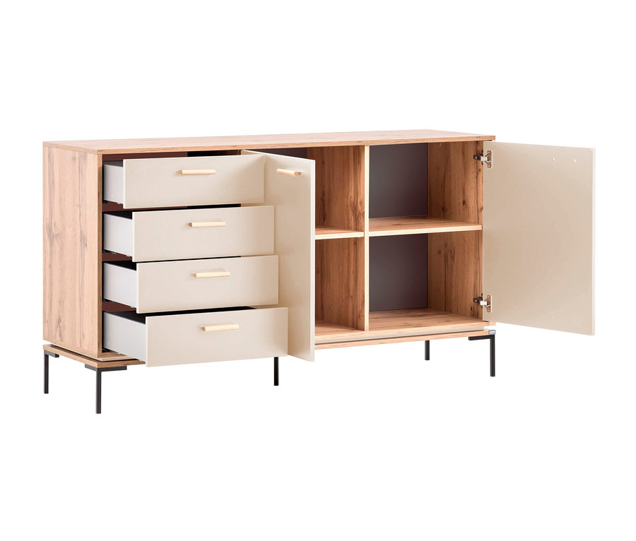 Offenes, beiges Sideboard mit vier Schubladen und Regalen. LOOKS by Wolfgang Joop Sideboard mit geradem Griff, beige.