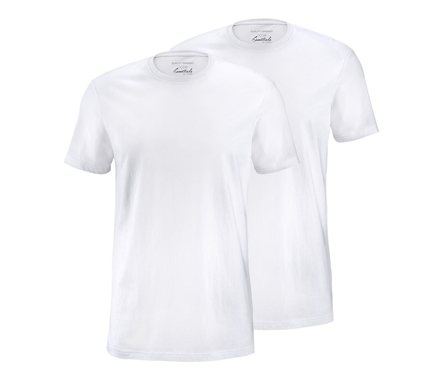Zwei weiße T-Shirts mit kurzen Ärmeln und Rundhalsausschnitt.
