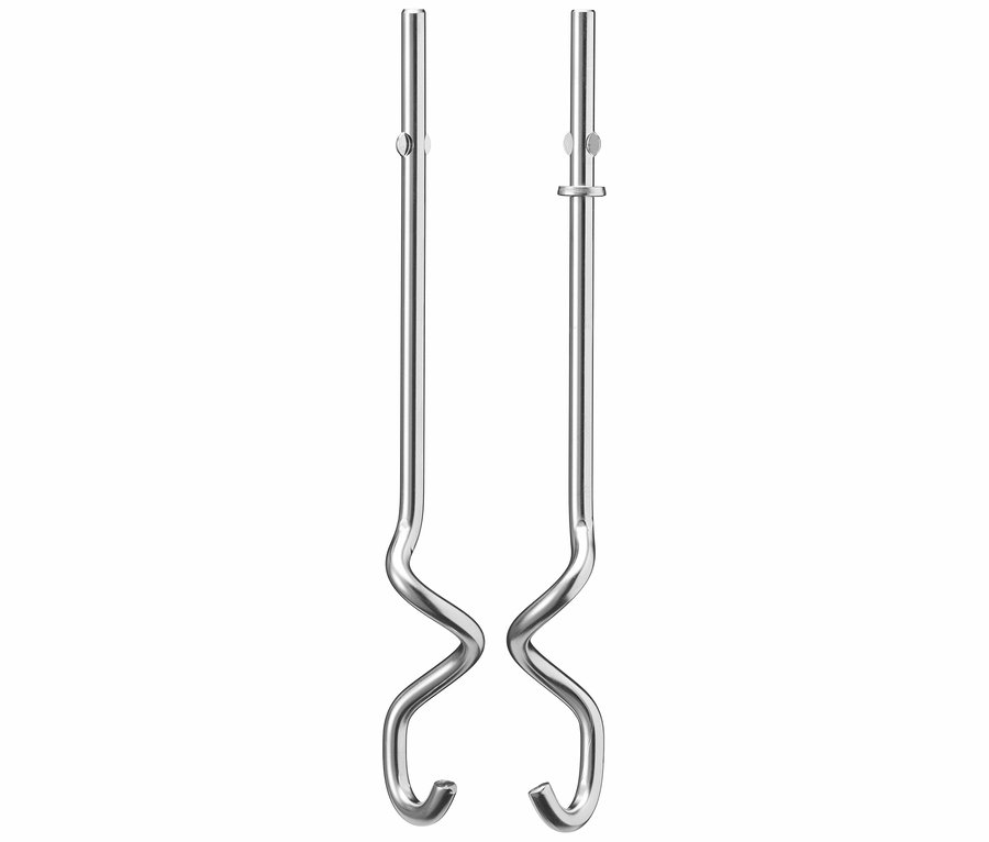 Zwei Quirlaufsätze aus Metall für einen Mixer vor einem weißen Hintergrund.