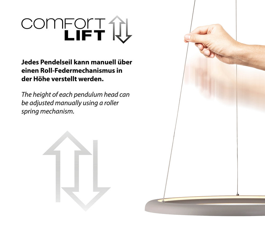 Eine Hand justiert die Höhe einer runden LED-Leuchte mit einem Comfort Lift Mechanismus.