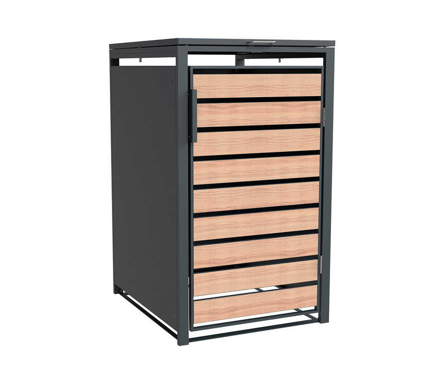 Eine Mülltonnenbox, entweder 3er oder 4er, mit Metallrahmen und Holzverkleidung.