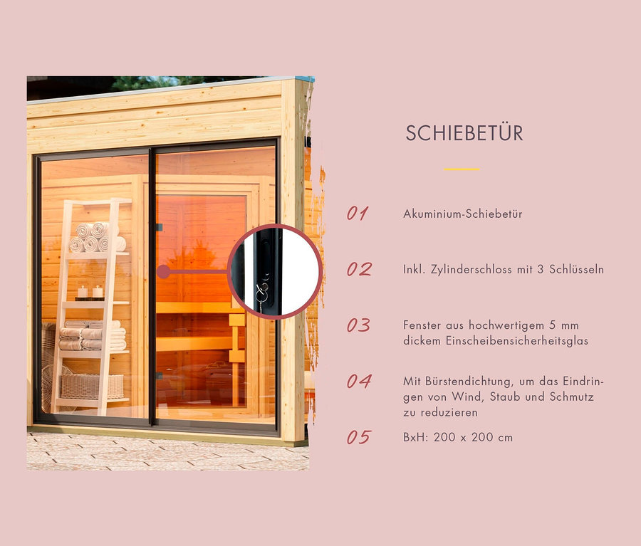 Ausschnitt eines Karibu Saunahauses »Gwen«, klein, Premium, mit Schiebetür, Zylinderschloss und Leiter mit Handtüchern im Innenraum.