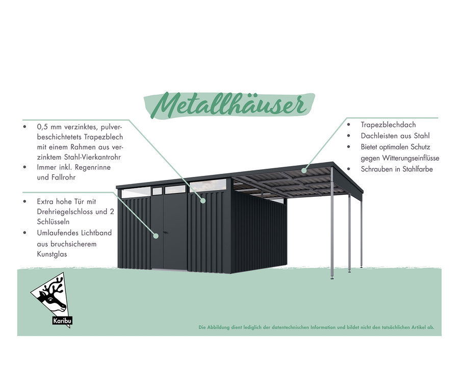 Karibu Metall-Gerätehaus mit extrahoher Tür, Trapezblechdach und Dachleisten aus Stahl.