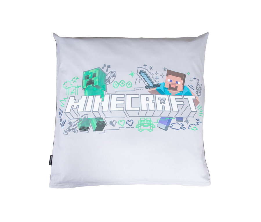 Weißer Kissenbezug mit MINECRAFT Schriftzug und Bildern von Videospielcharakteren.