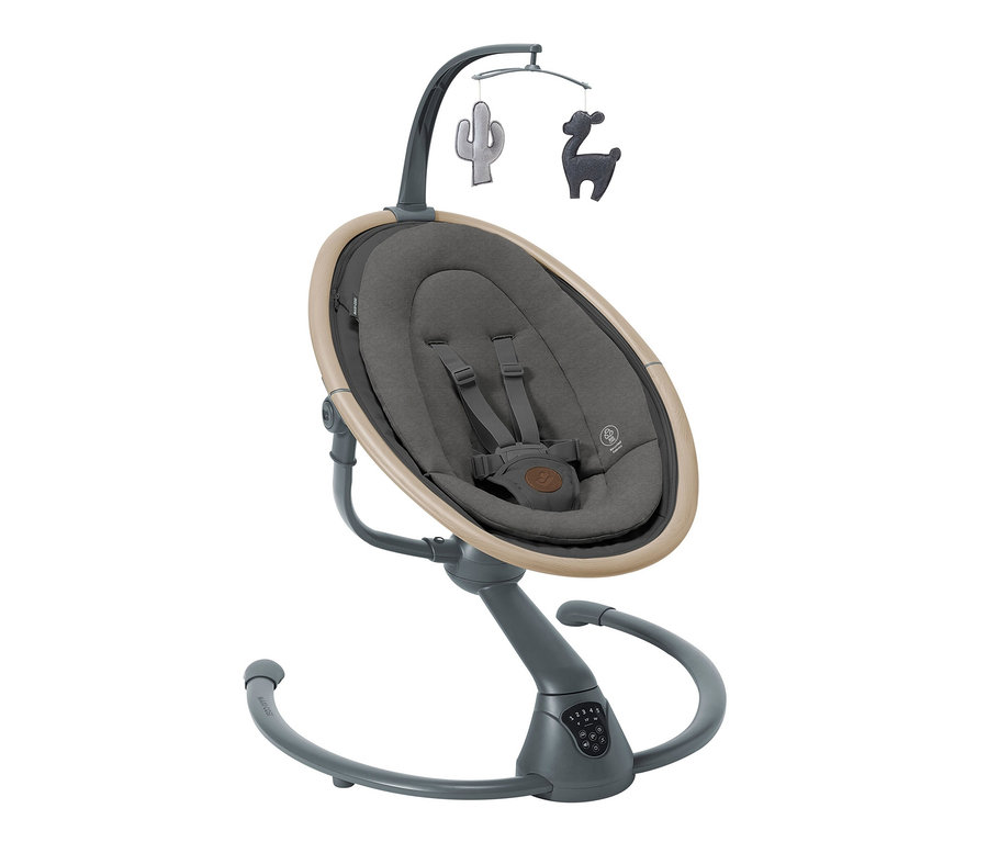 Maxi-Cosi Elektrische Schaukel »Cassia« in Grau mit hellbraunem Rahmen und Kaktus- und Lama-Spielzeugen.