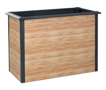 Rechteckiger Pflanzkasten mit Holztextur und dunkelgrauem Rahmen.