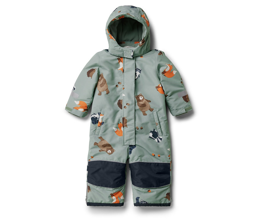 Hellgrüner Overall mit Kapuze und Tiermuster.