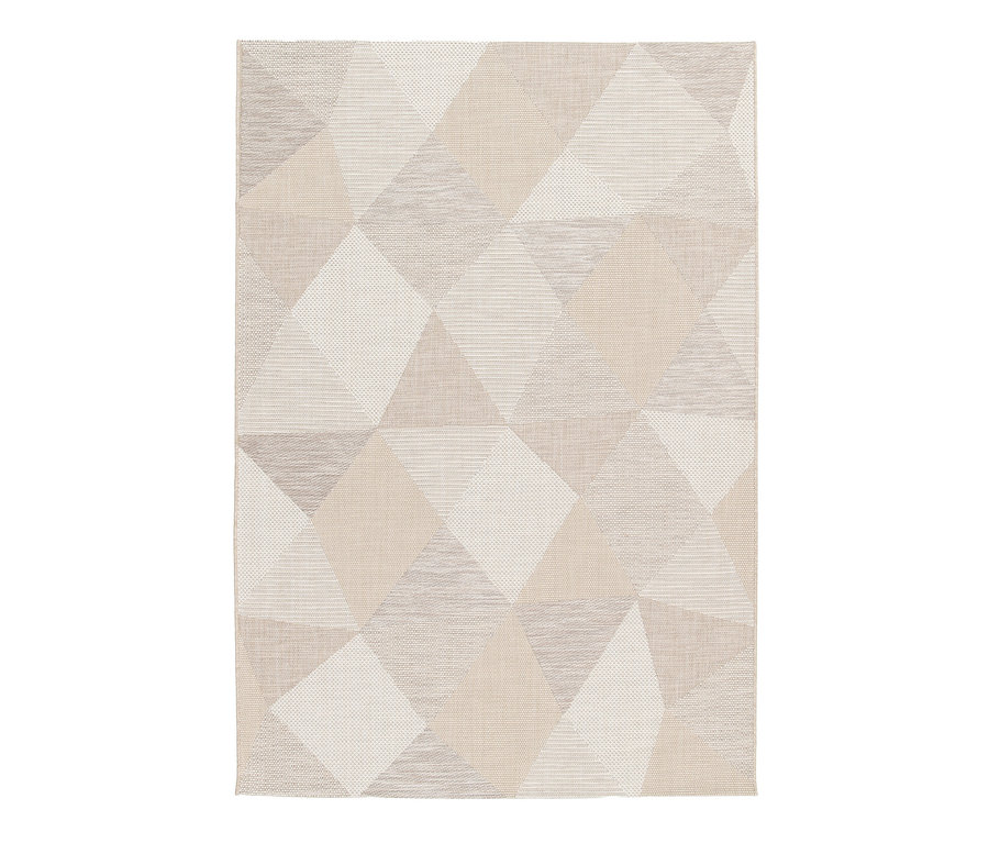 Beiger Outdoor-Teppich mit geometrischem Muster aus Dreiecken und Rauten.