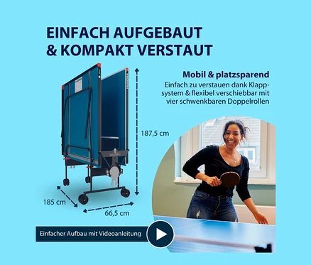 Zusammengeklappte HUDORA Tischtennisplatte »Game« neben einer Frau, die Tischtennis spielt.