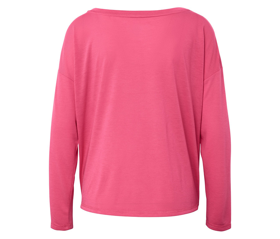 Rückansicht einer pinkfarbenen Damenbluse mit langen Ärmeln.