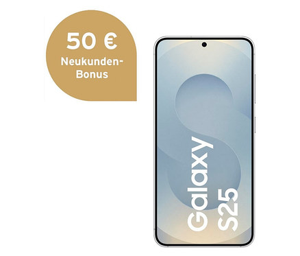 Silbernes Samsung Galaxy S25 5G 128 GB Smartphone auf weißem Hintergrund.