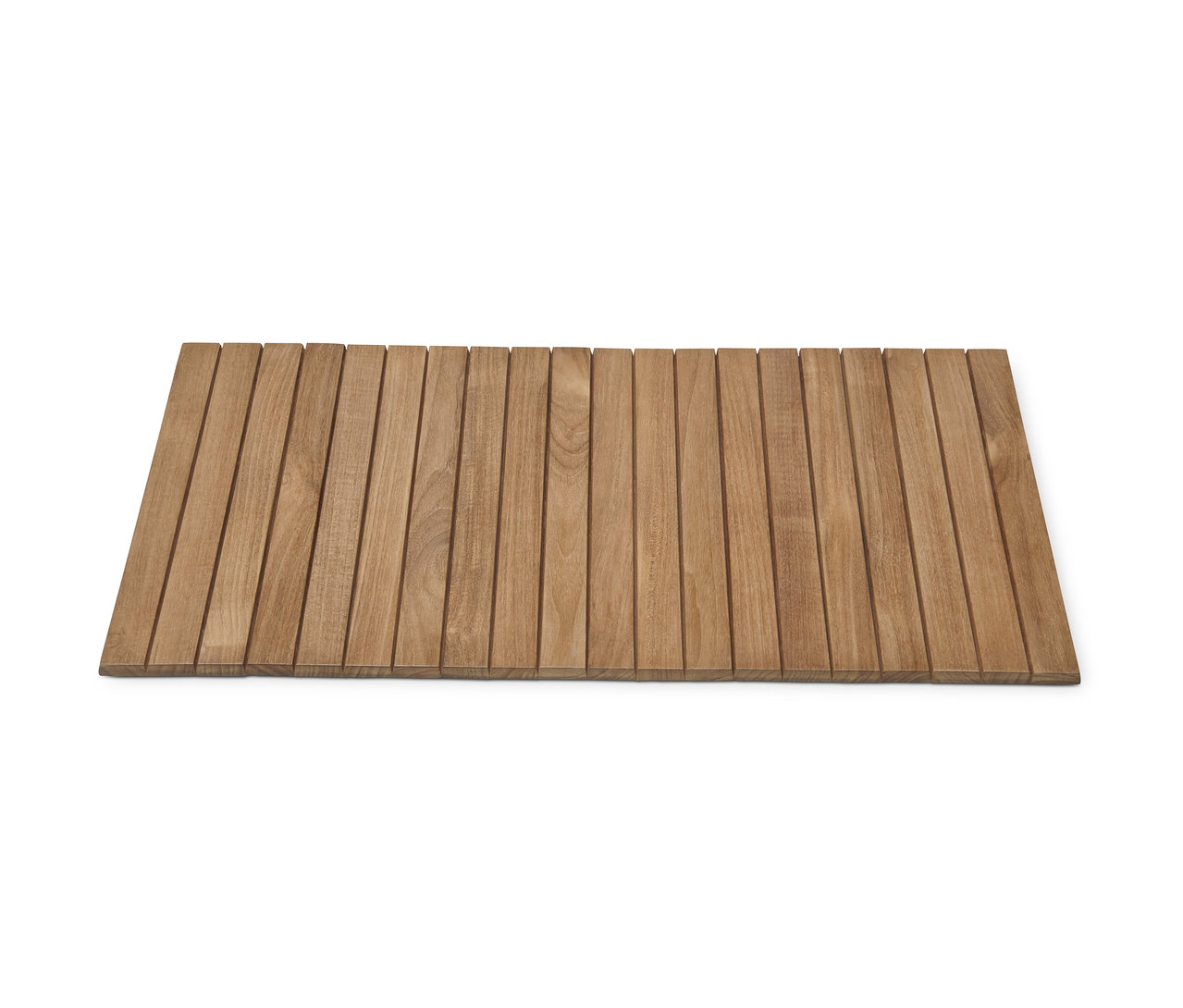 Nahaufnahme eines Teak-Sofatabletts mit flexiblen Lamellen.
