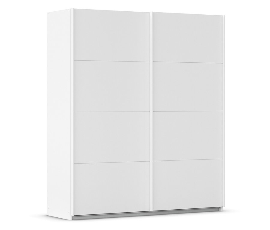 Ein weißer Schrank mit zwei Schiebetüren.