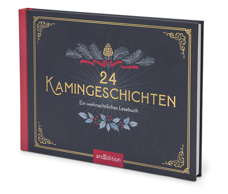 Buch "24 Kamingeschichten: Ein weihnachtliches Lesebuch" auf dunkelblauem Hintergrund mit goldener Schrift und Weihnachtsmotiven.