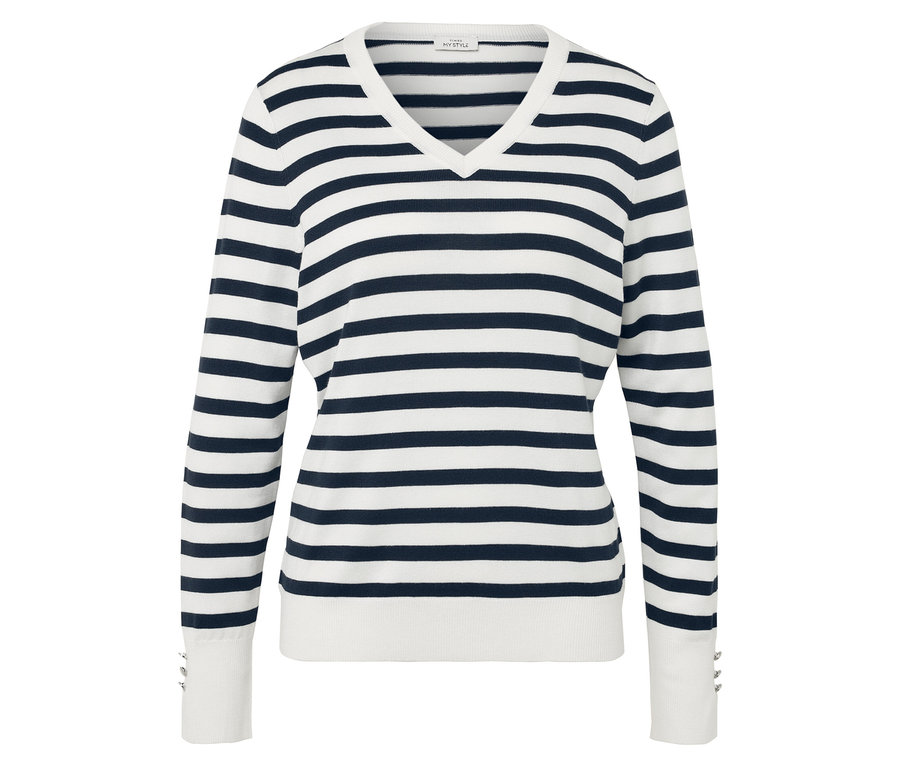 Gestreifter Langarmpullover in Blau und Weiß mit V-Ausschnitt.