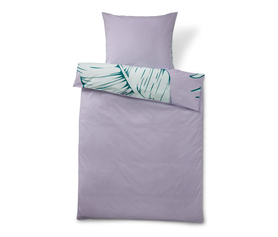 Lila Renforcé-Bettwäsche in Normalgröße mit Blättermotiv.