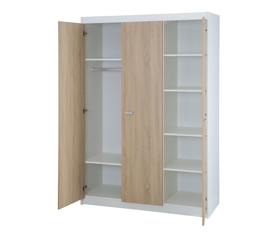 Ein weiß-brauner dreitüriger Kleiderschrank von roba »Gabriella« mit offenen Türen.
