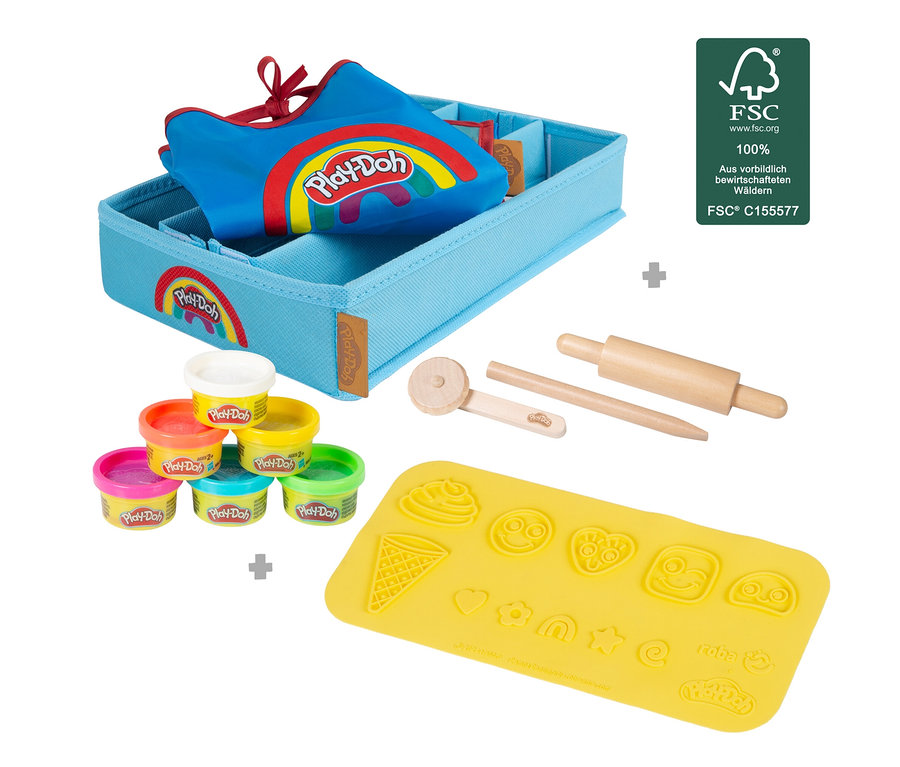 roba x Play-Doh Knet-Spielset 2 mit bunten Knetbechern, gelber Form und Holzwerkzeugen in einer blauen Aufbewahrungsbox.