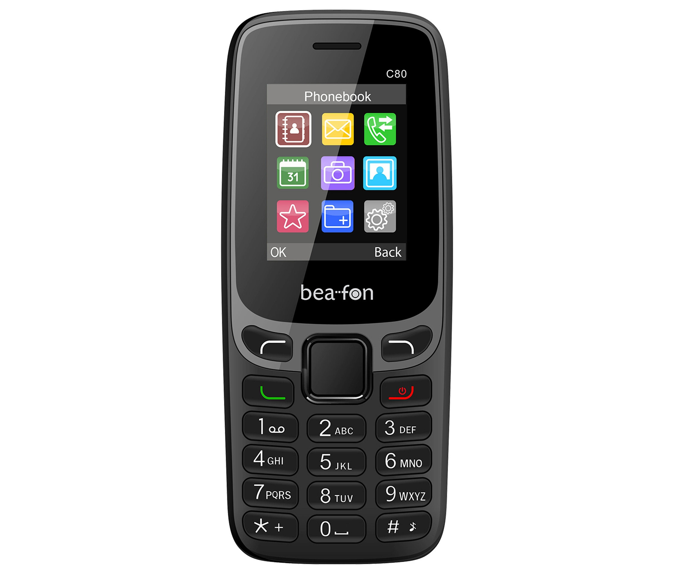 Ein schwarzes Tastenhandy mit Bildschirm, ein Bea-fon C80 LTE schwarz.