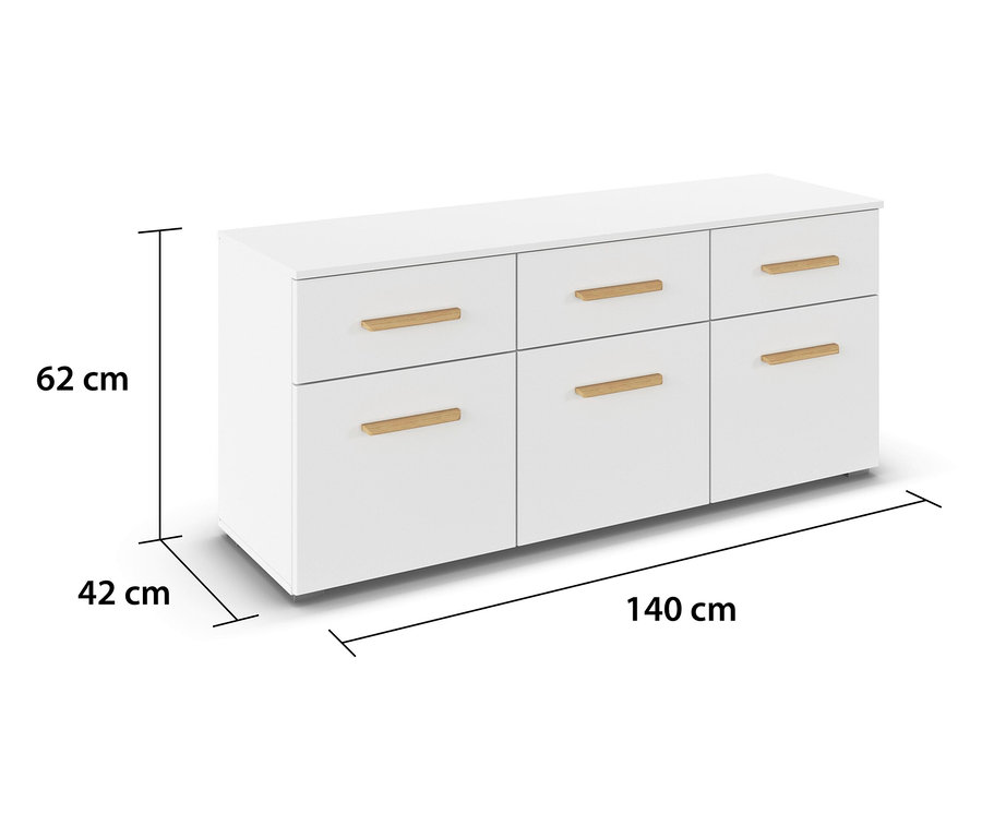 Weiße Kommode »Aditio« von Rauch mit sechs Schubladen und goldenen Griffen. Die Maße sind 62 cm Höhe, 42 cm Tiefe und 140 cm Breite.