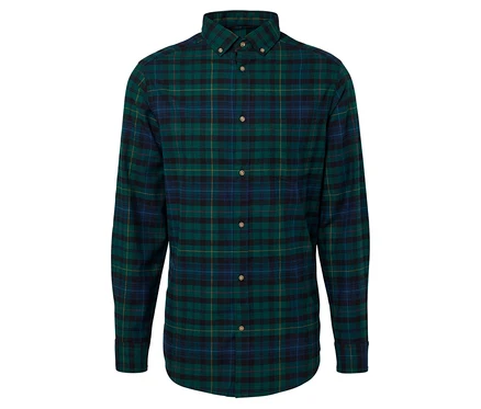 Ein Flanell-Hemd in Grün und Navy kariert, mit Knöpfen.
