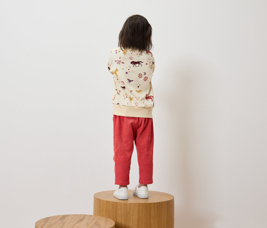 Ein Kind mit dem Rücken zur Kamera steht auf einem Holzsockel und trägt ein cremefarbenes Sweatshirt mit Pferdeaufdruck und eine rote Cordhose.