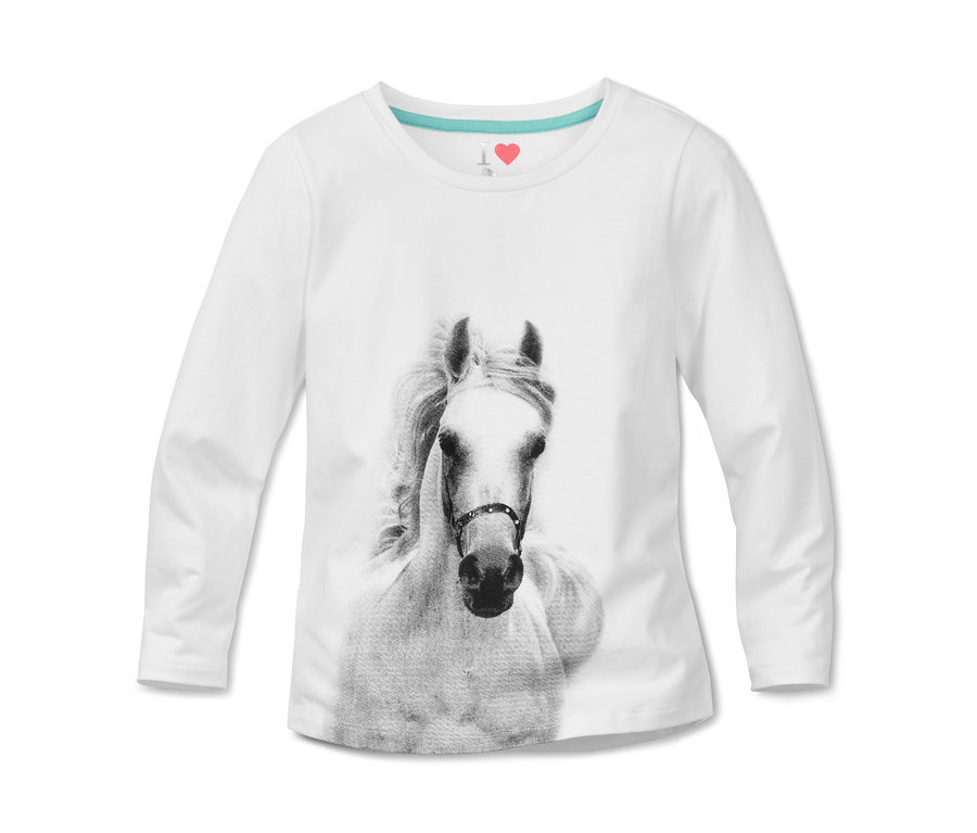 Weißes Langarmshirt mit einem weißen Pferd als Aufdruck.