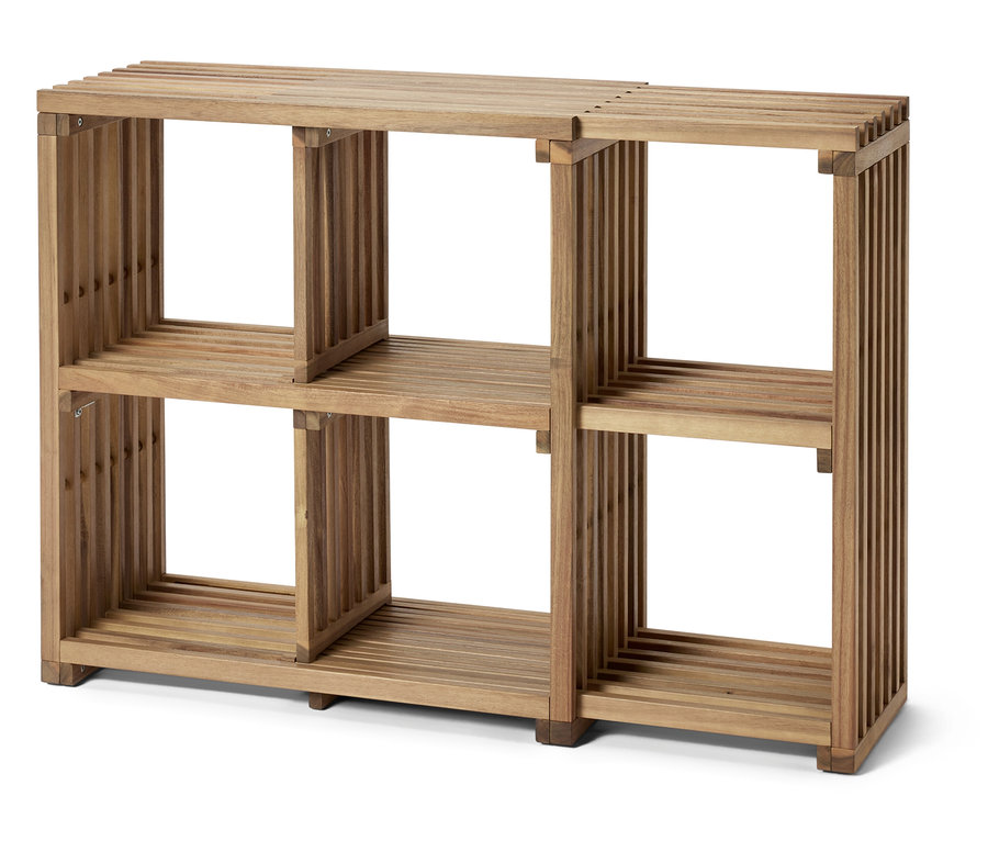 Holzregal mit sechs Fächern, die in einem Rechteck angeordnet sind.