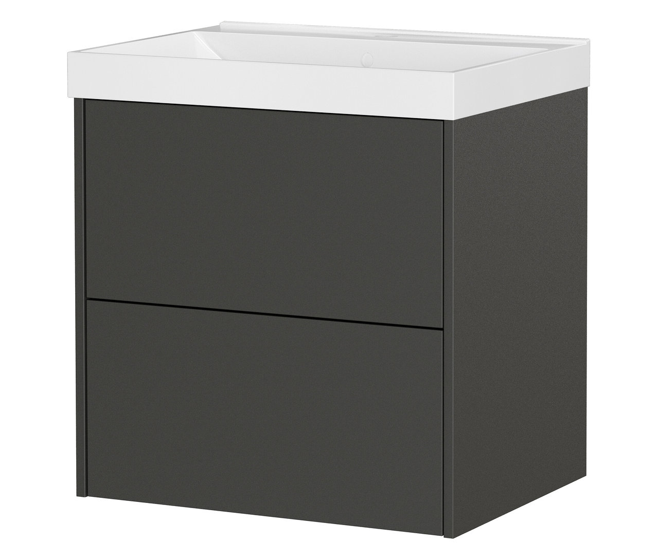 Ein grauer Badezimmerschrank mit zwei Schubladen und einem weißen Waschbeckenaufsatz.
