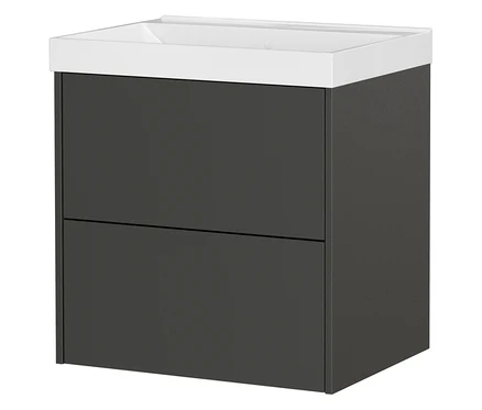 Ein grauer Badezimmerschrank mit zwei Schubladen und einem weißen Waschbeckenaufsatz.