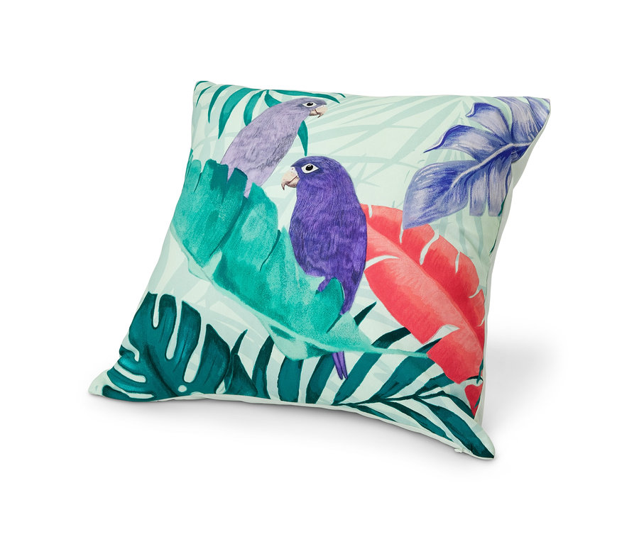 Dekokissen-Bezug mit Papageien und tropischen Blättern.