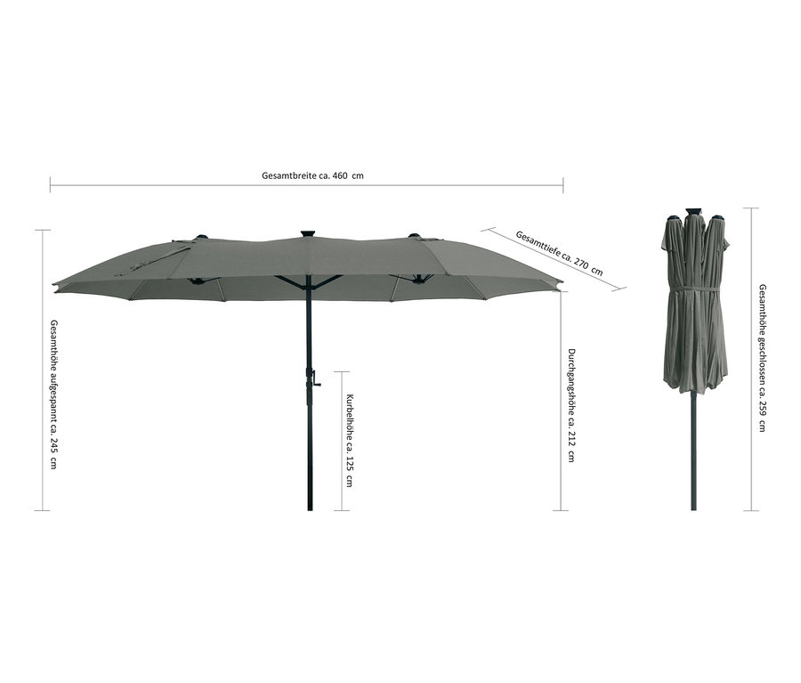 Das Bild zeigt einen anthrazitfarbenen ovalen LECO Doppel-Sonnenschirm* mit LED-Beleuchtung, ca. 270 x 460 cm, im aufgespannten und geschlossenen Zustand.