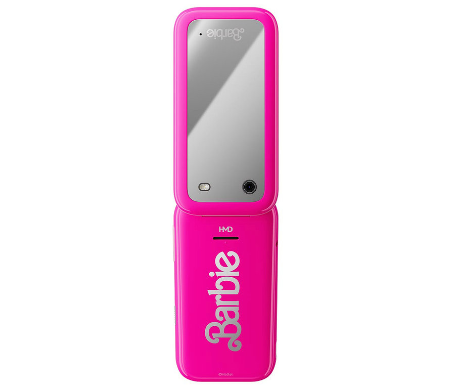 Ein pinkes HMD Barbie Klapphandy mit einem silberfarbenen Spiegeldisplay.