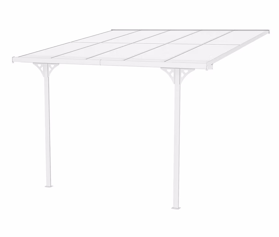 Weiße Terrassenüberdachung mit einer Breite von ca. 313 cm.