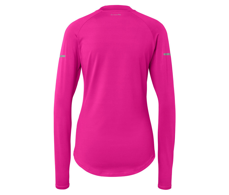 Detail der Rückseite eines pinkfarbenen Sport-Langarmshirts.