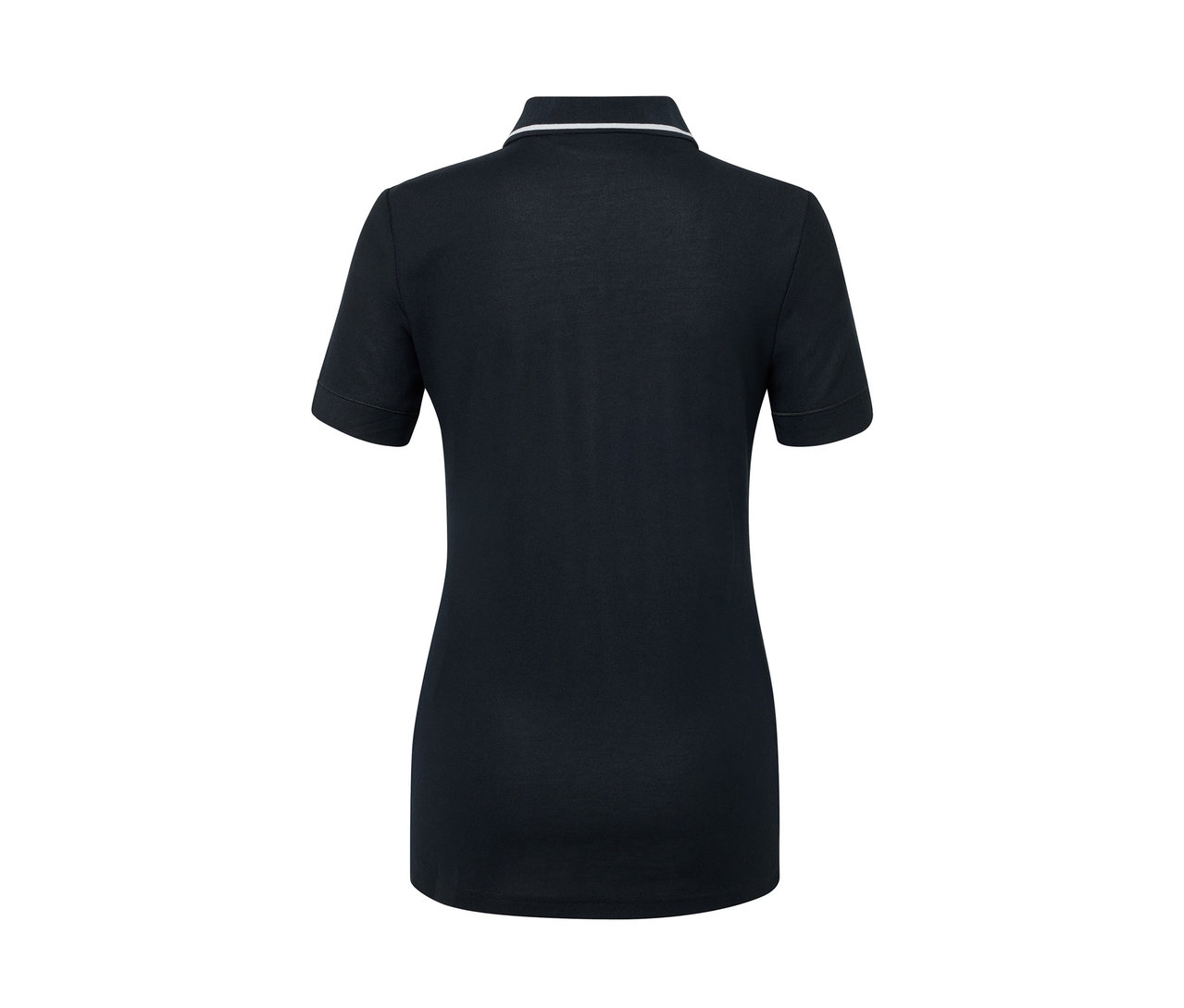 Dunkelblaues Funktionspoloshirt mit weißem Saum am Kragen, Rückansicht.