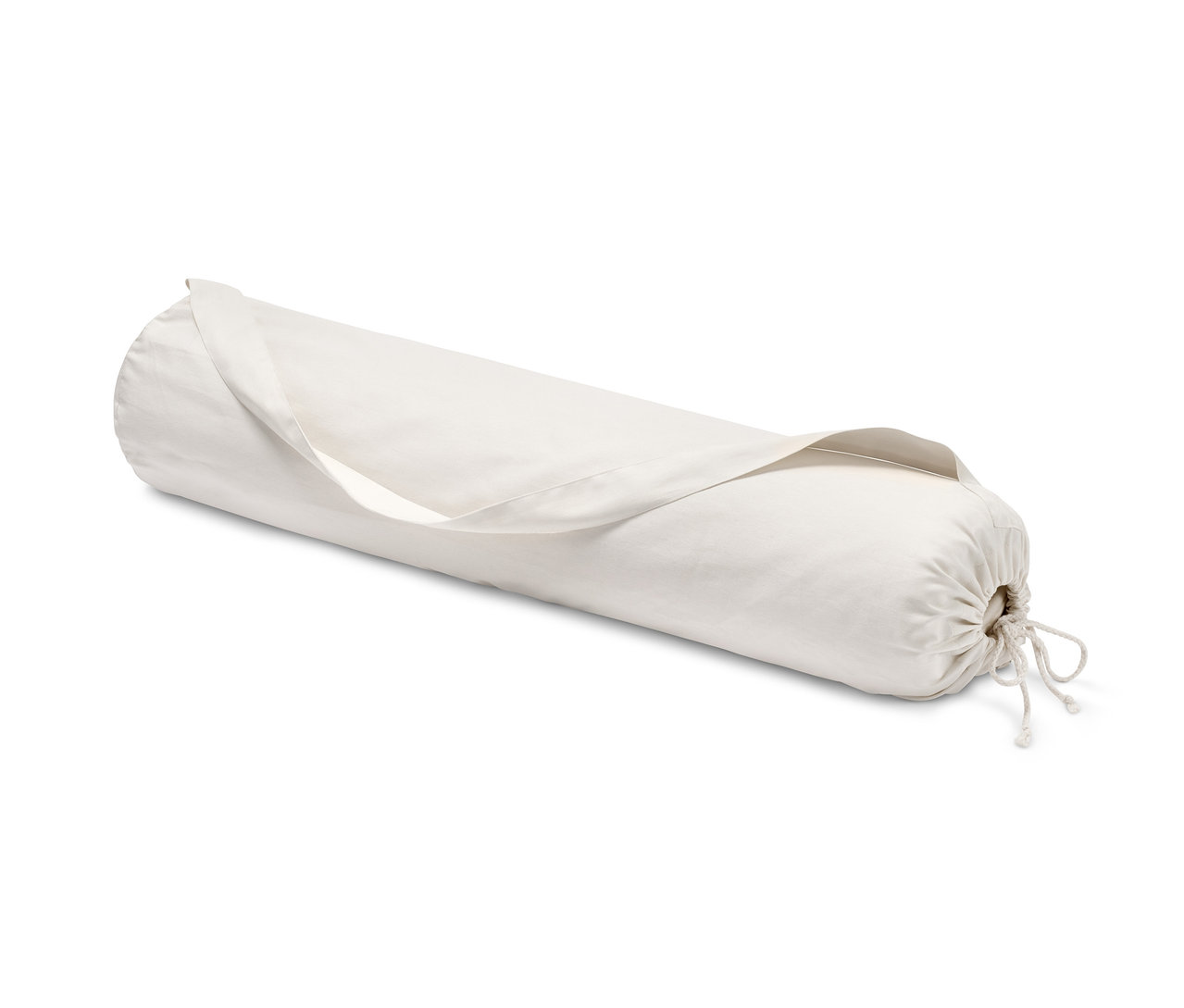 Eine zusammengerollte Schurwoll-Yogamatte in einer Stoffhülle.
