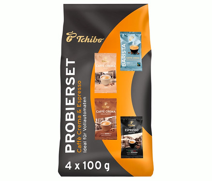 Packung Caffè Crema & Espresso Probierset - 4x 100 g Ganze Bohne von Tchibo.