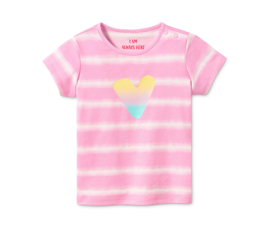 Rosa T-Shirt aus Bio-Baumwolle mit horizontalen Streifen und Regenbogenherz.