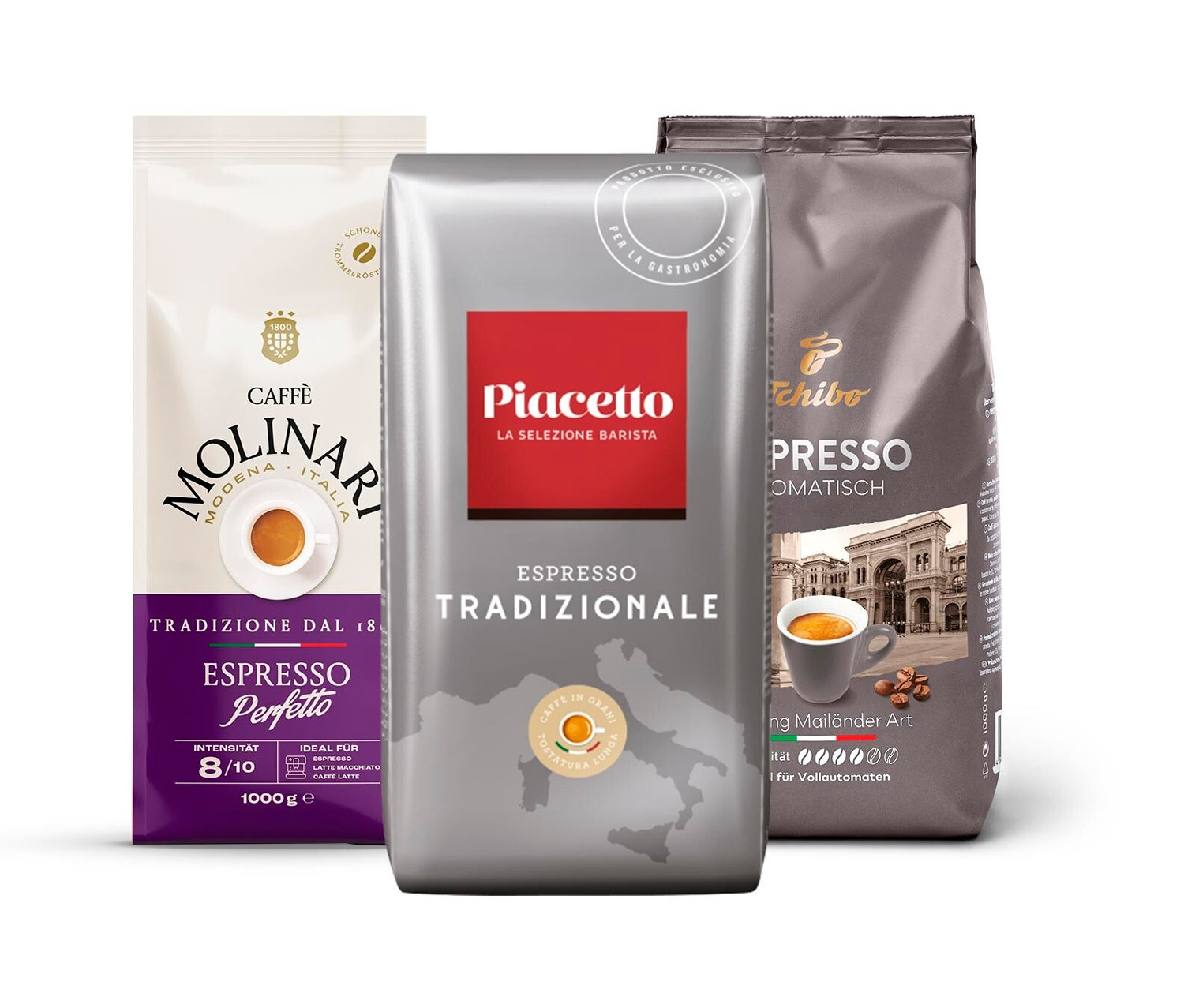 Drei Packungen verschiedener Espresso-Kaffeesorten stehen nebeneinander. Zu sehen ist das Probierset "Italienischer Genuss" - 3 x 1 kg Ganze Bohne.