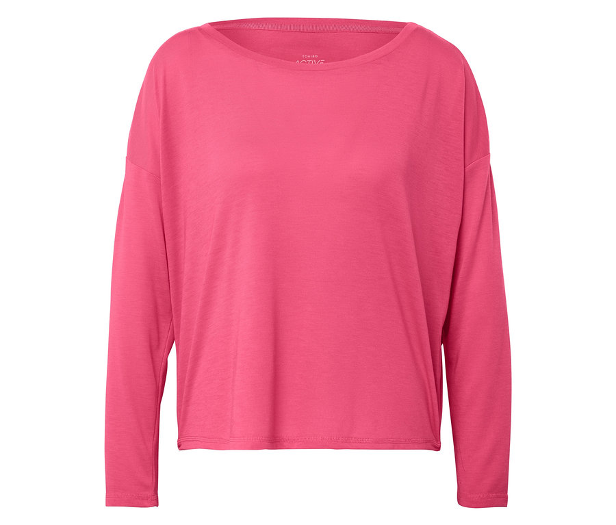 Ein pinkfarbenes Langarmshirt liegt auf einem weißen Hintergrund.